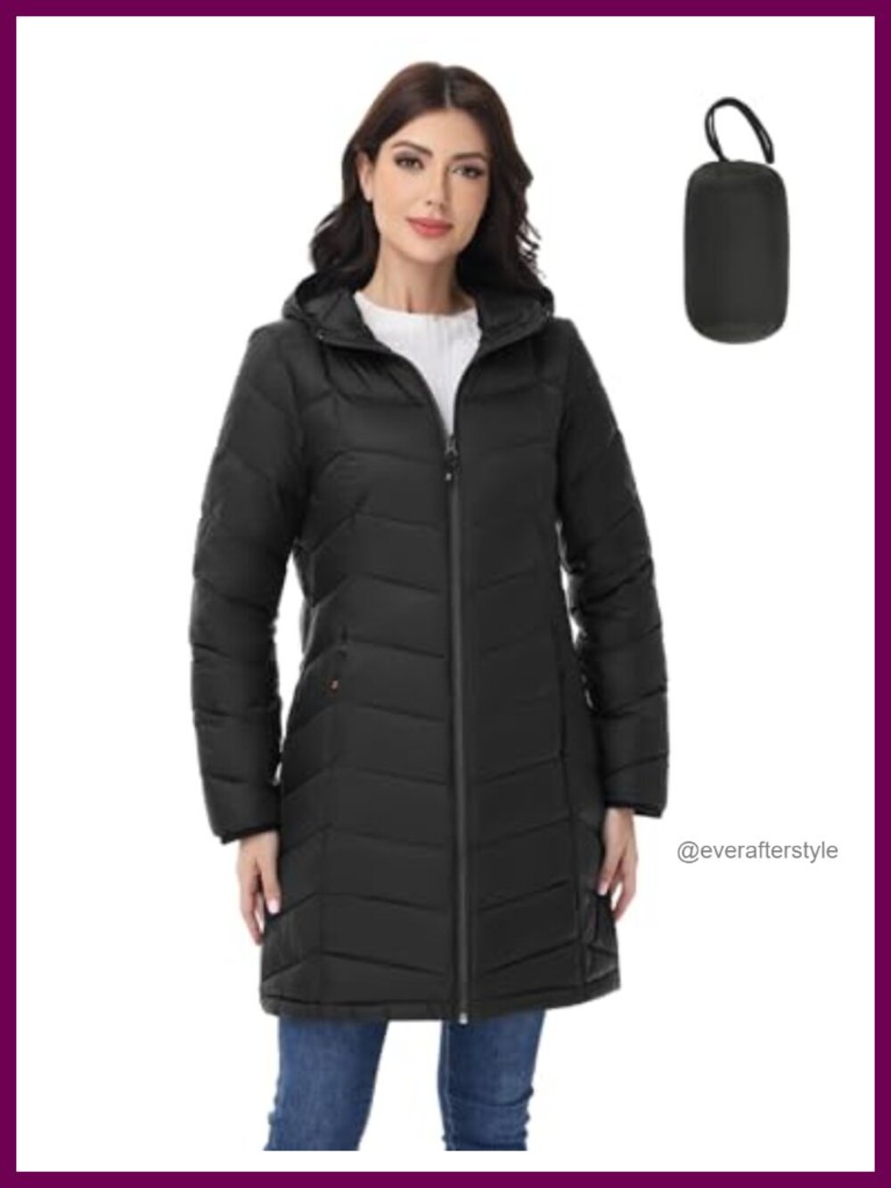Women's Mid-Length Packable Lightweight Puffer Jacket Hooded Quilted